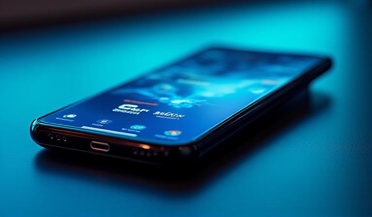 Close up of a premium smartphone showing a vibrant, modern UI design with dark mode elements